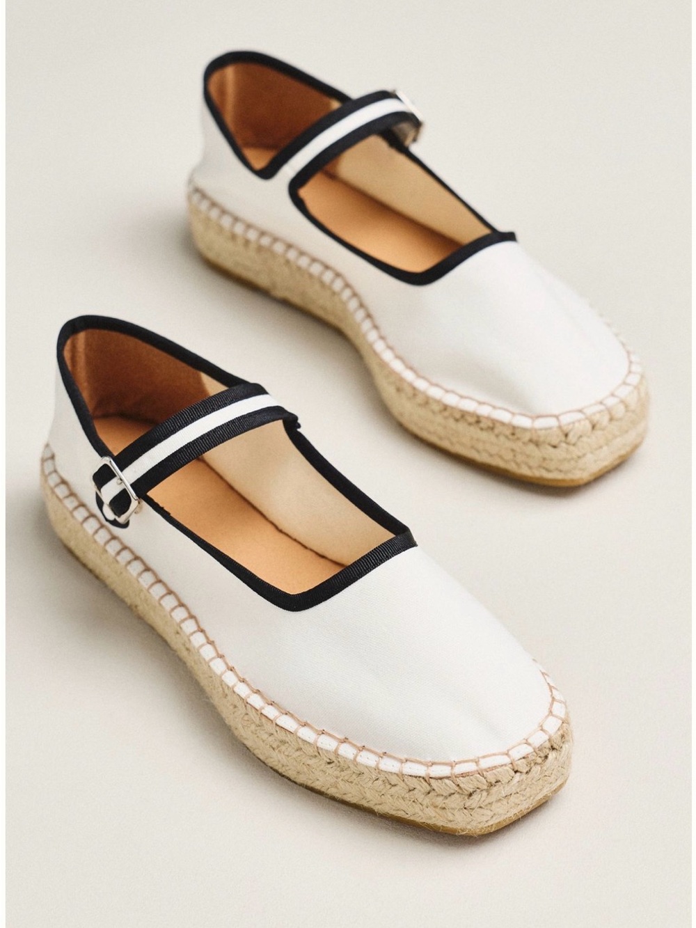 Maeve Cream Espadrille Mary Jane Flats with Black Trim